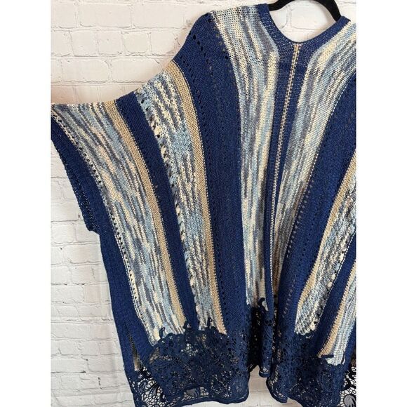 CHICO'S white gray blue knit lace trim open front oversized cardigan vest L/XL - Picture 9 of 9